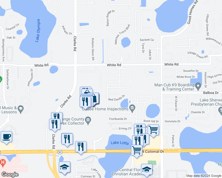 map of restaurants, bars, coffee shops, grocery stores, and more near 1107 Climbing Rose Drive in Orlando