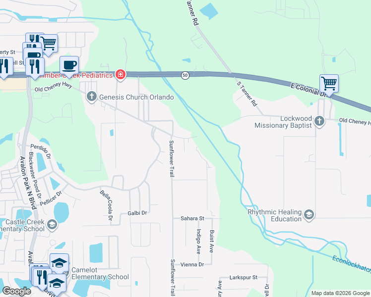 map of restaurants, bars, coffee shops, grocery stores, and more near 15536 Old Cheney Highway in Orlando