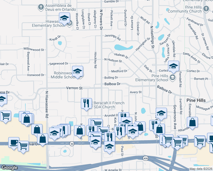 map of restaurants, bars, coffee shops, grocery stores, and more near 6217 Balboa Drive in Orlando