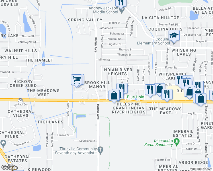 map of restaurants, bars, coffee shops, grocery stores, and more near 4516 Browning Avenue in Titusville