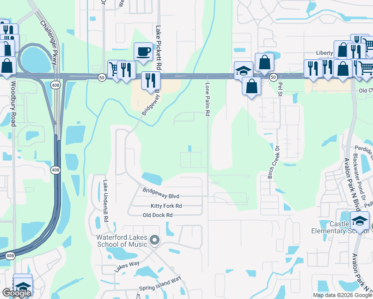 map of restaurants, bars, coffee shops, grocery stores, and more near 1466 Hancock Lone Palm Road in Orlando