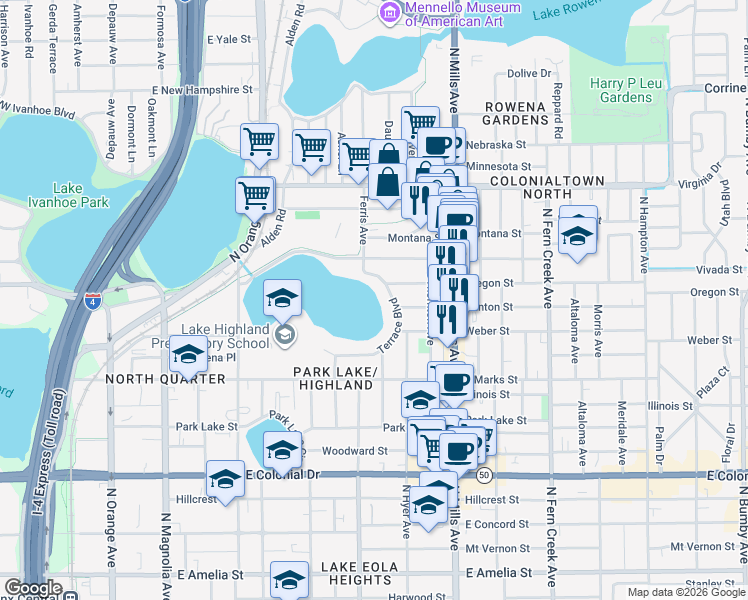 map of restaurants, bars, coffee shops, grocery stores, and more near 1036 Terrace Boulevard in Orlando