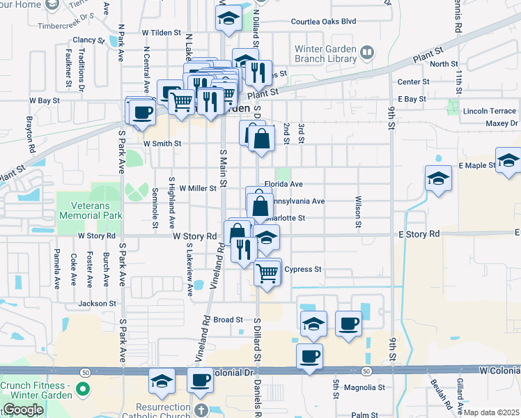 map of restaurants, bars, coffee shops, grocery stores, and more near 420 South Dillard Street in Winter Garden