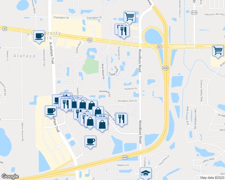 map of restaurants, bars, coffee shops, grocery stores, and more near 1537 River Reach Drive in Orlando