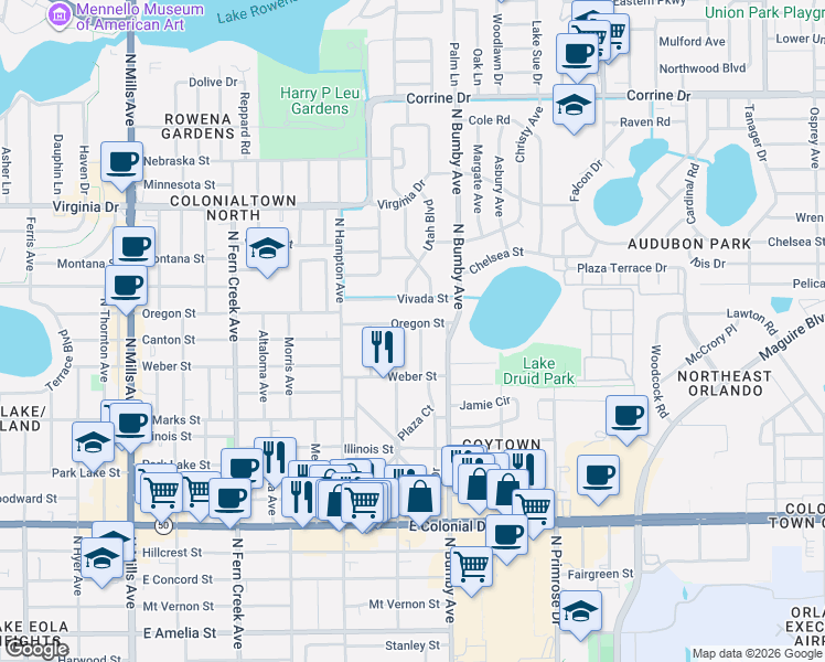 map of restaurants, bars, coffee shops, grocery stores, and more near 2200 Oregon Street in Orlando