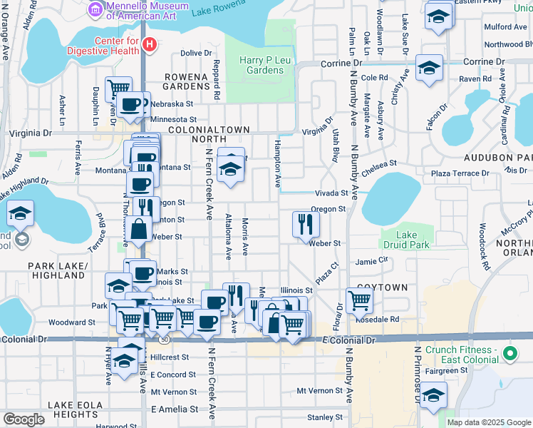 map of restaurants, bars, coffee shops, grocery stores, and more near 1910 Oregon Street in Orlando