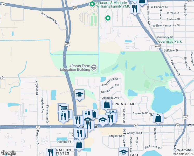 map of restaurants, bars, coffee shops, grocery stores, and more near 1415 Magna Court in Orlando
