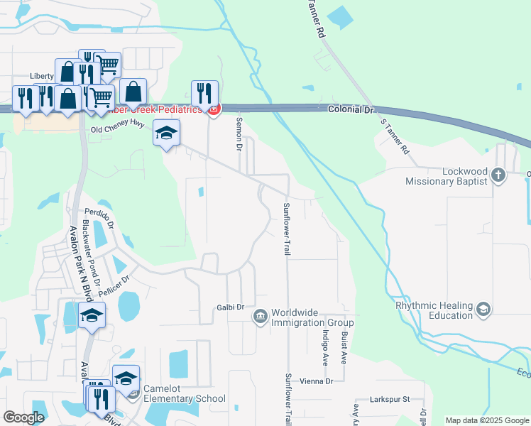 map of restaurants, bars, coffee shops, grocery stores, and more near 15623 Perdido Drive in Orlando