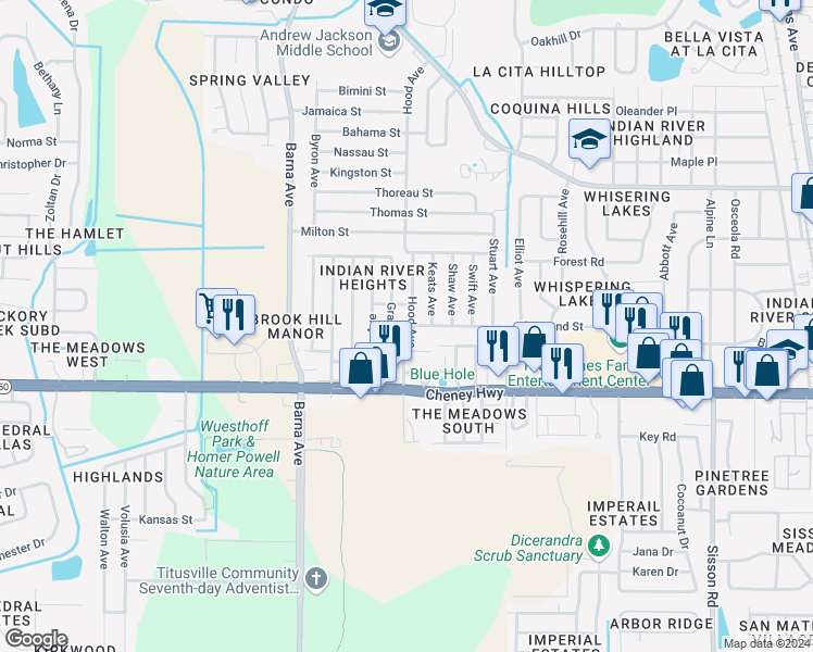 map of restaurants, bars, coffee shops, grocery stores, and more near 4510 Hood Avenue in Titusville