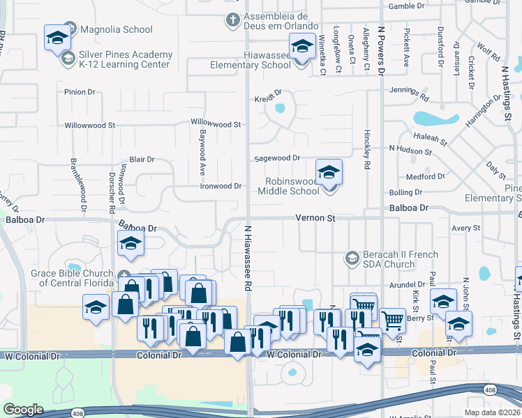 map of restaurants, bars, coffee shops, grocery stores, and more near 6628 Blanche Court in Orlando