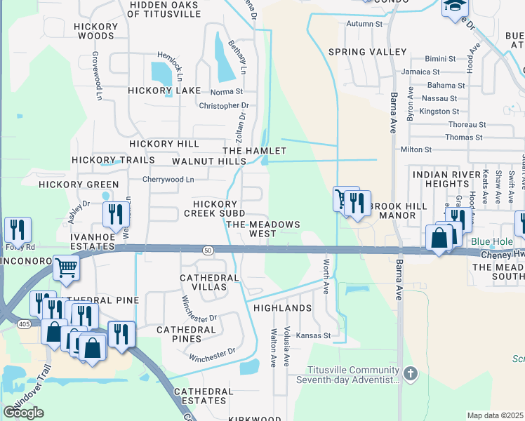 map of restaurants, bars, coffee shops, grocery stores, and more near 4647 Zoltan Drive in Titusville