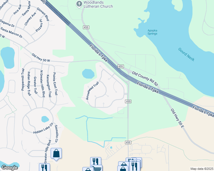 map of restaurants, bars, coffee shops, grocery stores, and more near 14614 Wishing Wind Way in Clermont