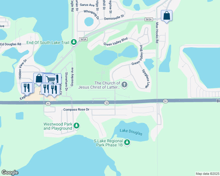 map of restaurants, bars, coffee shops, grocery stores, and more near 8564 Magnificent Lane in Groveland