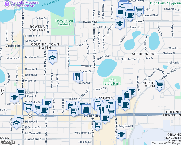 map of restaurants, bars, coffee shops, grocery stores, and more near 1034 North Bumby Avenue in Orlando