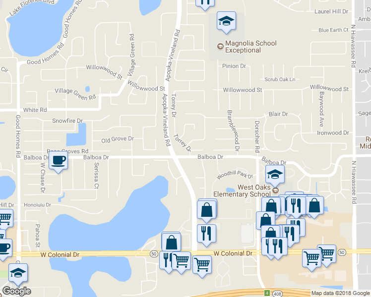 map of restaurants, bars, coffee shops, grocery stores, and more near 1714 Torrey Drive in Orlando