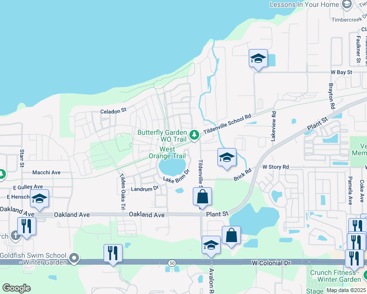 map of restaurants, bars, coffee shops, grocery stores, and more near 1006 Lake Brim Drive in Winter Garden