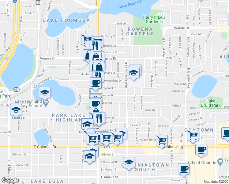 map of restaurants, bars, coffee shops, grocery stores, and more near 1500 Oregon Street in Orlando