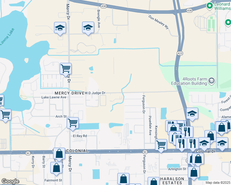 map of restaurants, bars, coffee shops, grocery stores, and more near 3634 Wd Judge Drive in Orlando