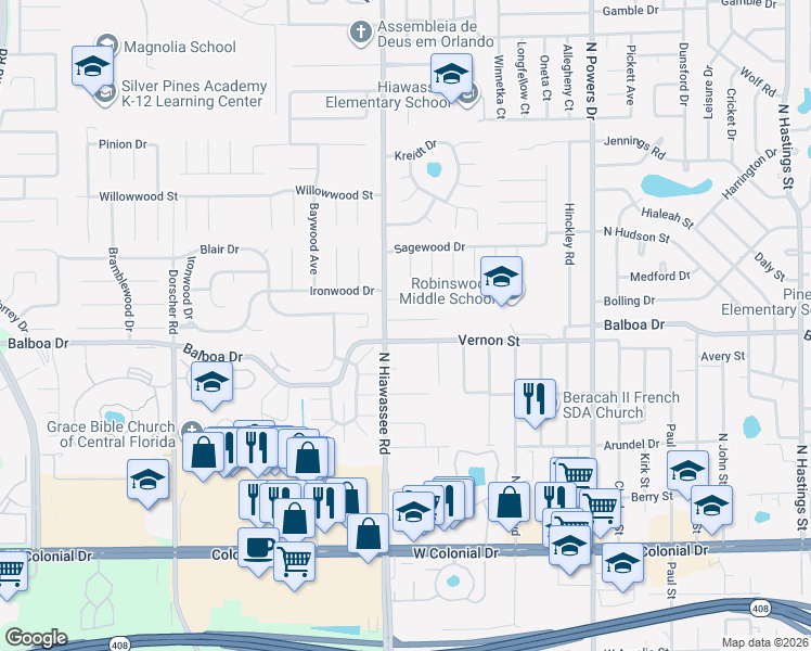 map of restaurants, bars, coffee shops, grocery stores, and more near 6628 Blanche Court in Orlando