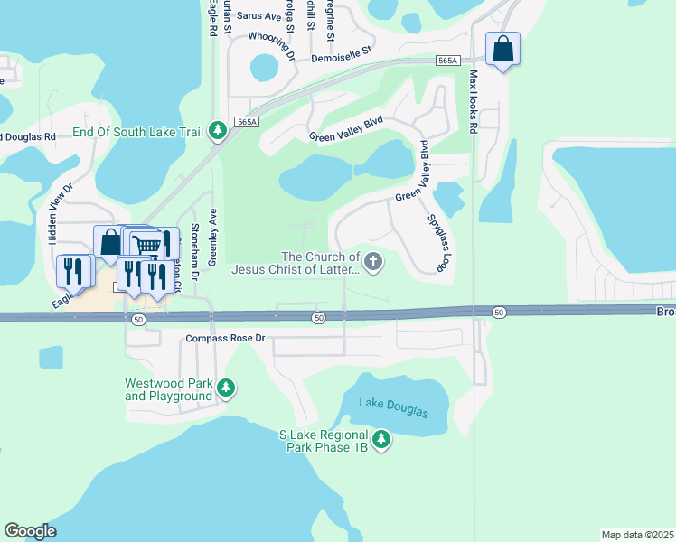 map of restaurants, bars, coffee shops, grocery stores, and more near 8564 Magnificent Lane in Groveland