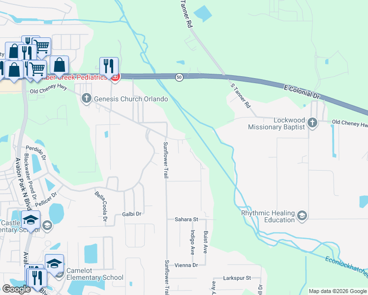 map of restaurants, bars, coffee shops, grocery stores, and more near 15536 Old Cheney Highway in Orlando
