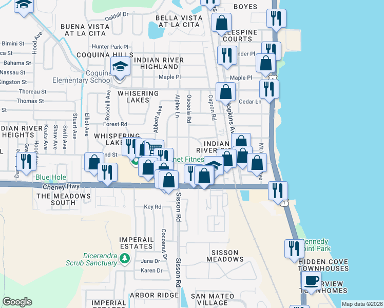 map of restaurants, bars, coffee shops, grocery stores, and more near 4475 Osceola Road in Titusville
