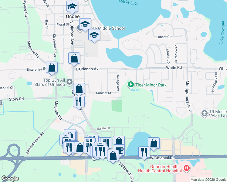 map of restaurants, bars, coffee shops, grocery stores, and more near 321 Sabinal Street in Ocoee