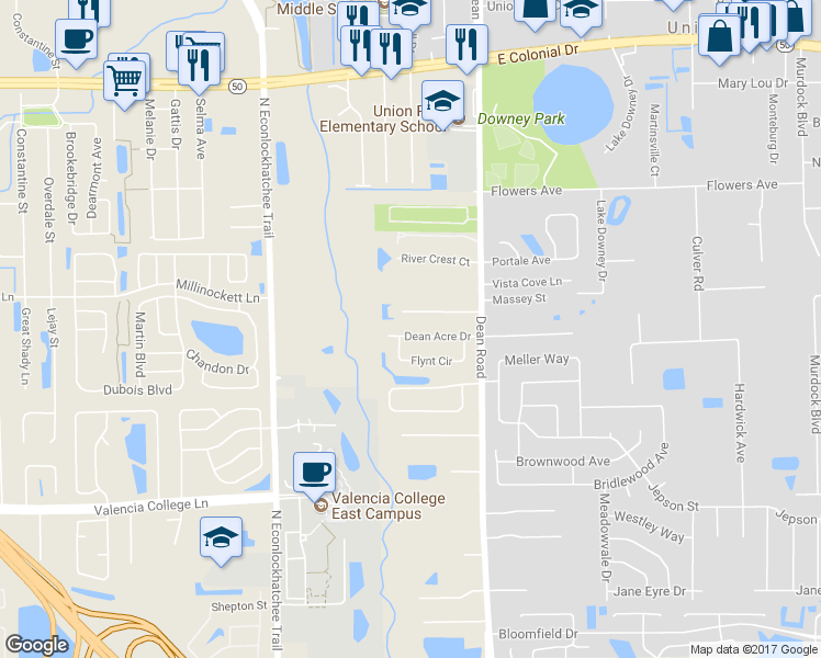 map of restaurants, bars, coffee shops, grocery stores, and more near 9811 Dean Acre Drive in Orlando