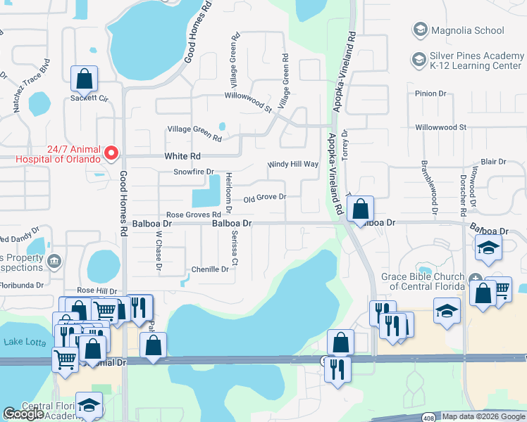 map of restaurants, bars, coffee shops, grocery stores, and more near 8133 Citrus Hill Court in Orlando