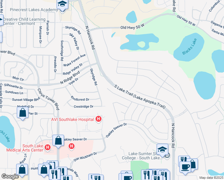 map of restaurants, bars, coffee shops, grocery stores, and more near 783 Princeton Drive in Clermont