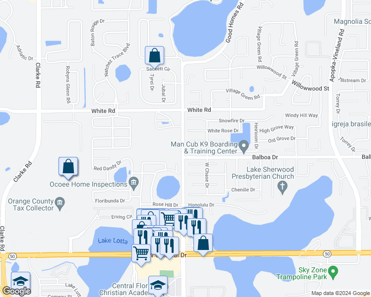 map of restaurants, bars, coffee shops, grocery stores, and more near 8537 Rose Groves Road in Orlando