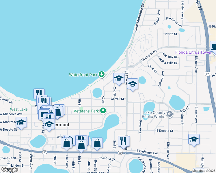 map of restaurants, bars, coffee shops, grocery stores, and more near 255 Orange Avenue in Clermont