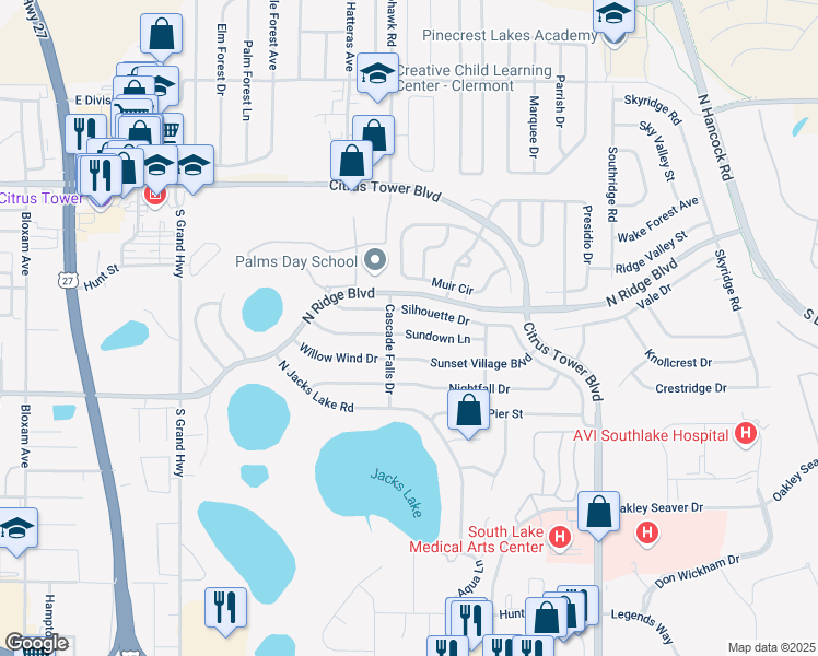 map of restaurants, bars, coffee shops, grocery stores, and more near 1512 Sundown Lane in Clermont