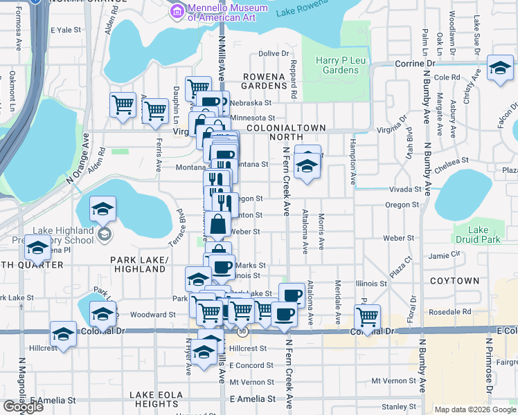 map of restaurants, bars, coffee shops, grocery stores, and more near 1037 Shine Avenue in Orlando