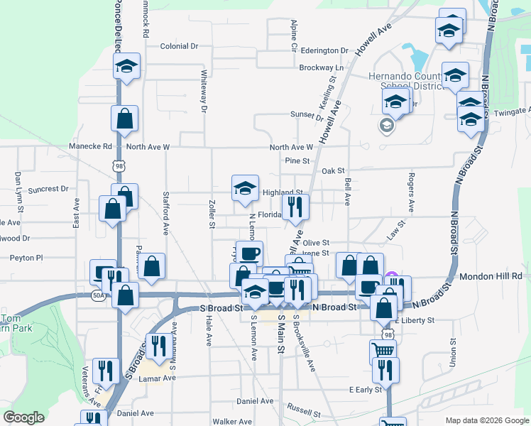 map of restaurants, bars, coffee shops, grocery stores, and more near 461 Grelle Avenue in Brooksville