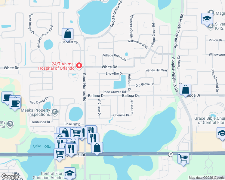 map of restaurants, bars, coffee shops, grocery stores, and more near 8405 Rose Groves Road in Orlando