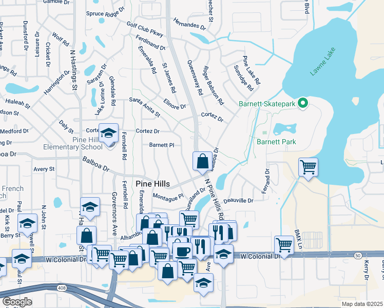 map of restaurants, bars, coffee shops, grocery stores, and more near 1028 North Pine Hills Road in Orlando