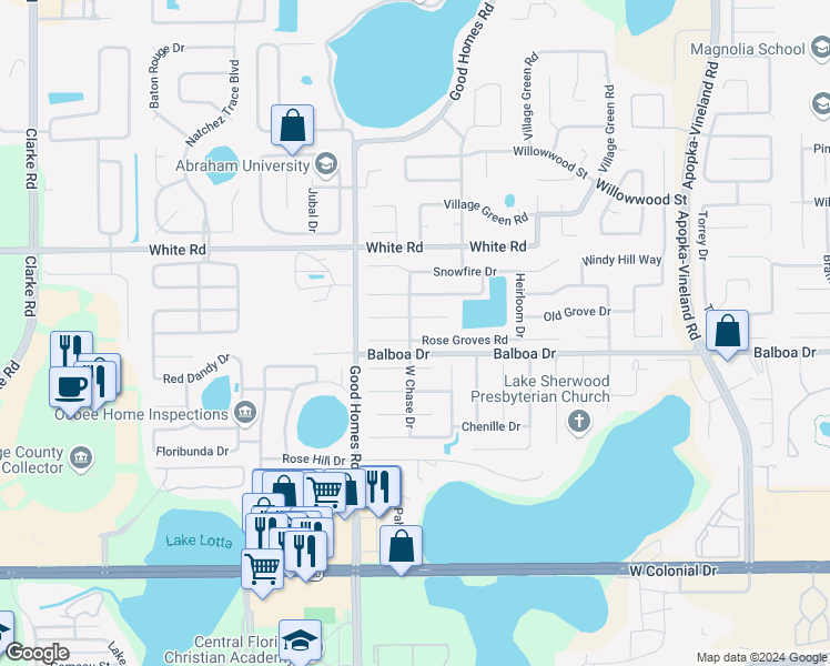 map of restaurants, bars, coffee shops, grocery stores, and more near 8441 Rose Groves Road in Orlando