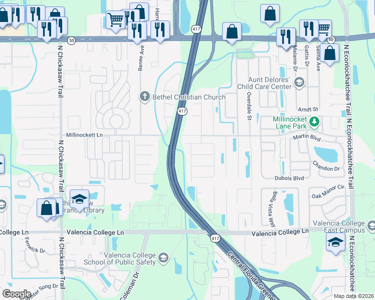 map of restaurants, bars, coffee shops, grocery stores, and more near 1014 Old Tree Road in Orlando