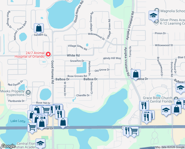 map of restaurants, bars, coffee shops, grocery stores, and more near 8227 Rose Groves Road in Orlando