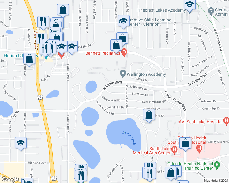 map of restaurants, bars, coffee shops, grocery stores, and more near 1354 Willow Crest Drive in Clermont