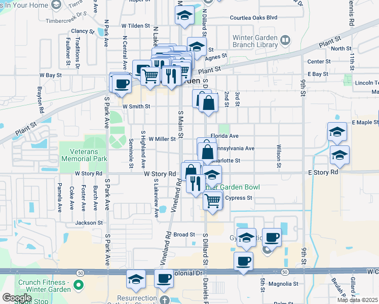 map of restaurants, bars, coffee shops, grocery stores, and more near 15 East Vining Street in Winter Garden