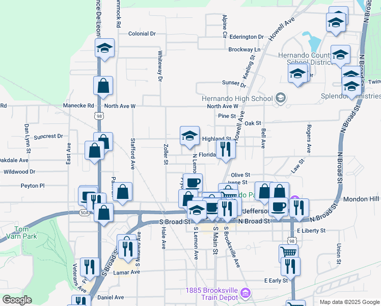 map of restaurants, bars, coffee shops, grocery stores, and more near 101 East Fort Dade Avenue in Brooksville