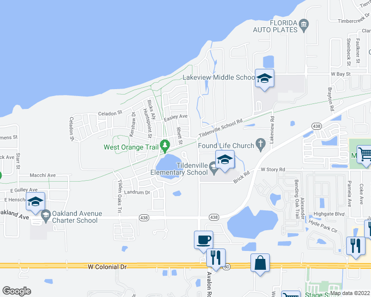 map of restaurants, bars, coffee shops, grocery stores, and more near 1006 Lake Brim Drive in Winter Garden