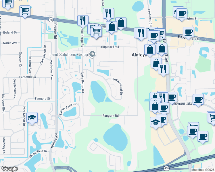 map of restaurants, bars, coffee shops, grocery stores, and more near 11164 Cypress Leaf Drive in Orlando