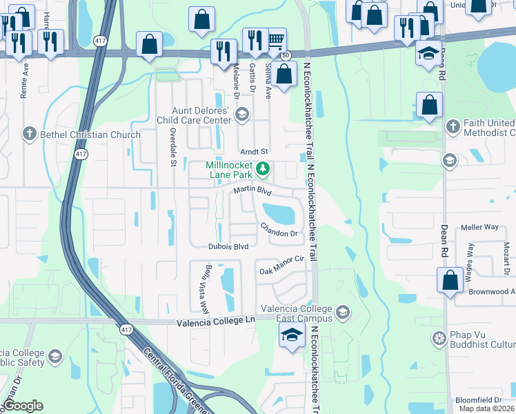map of restaurants, bars, coffee shops, grocery stores, and more near 9529 Dubois Boulevard in Orlando