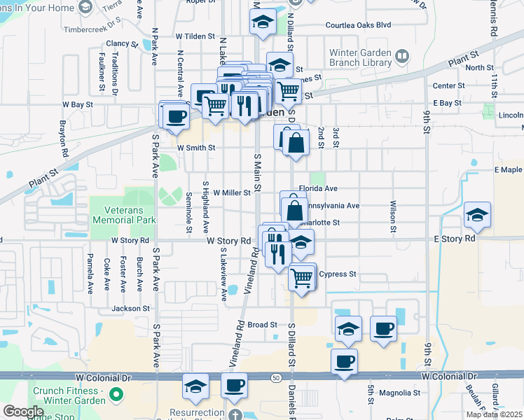 map of restaurants, bars, coffee shops, grocery stores, and more near 15 East Vining Street in Winter Garden