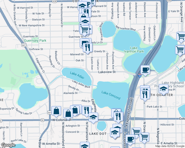 map of restaurants, bars, coffee shops, grocery stores, and more near 1069 Edgewater Drive in Orlando
