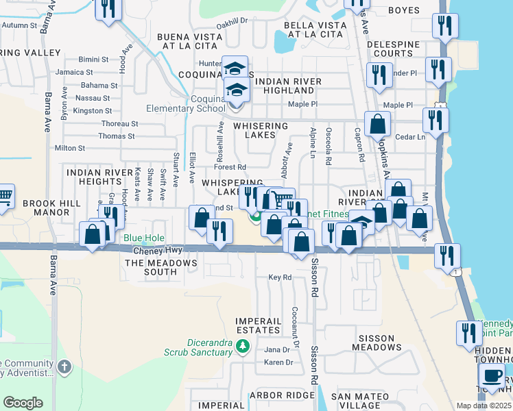 map of restaurants, bars, coffee shops, grocery stores, and more near in Titusville