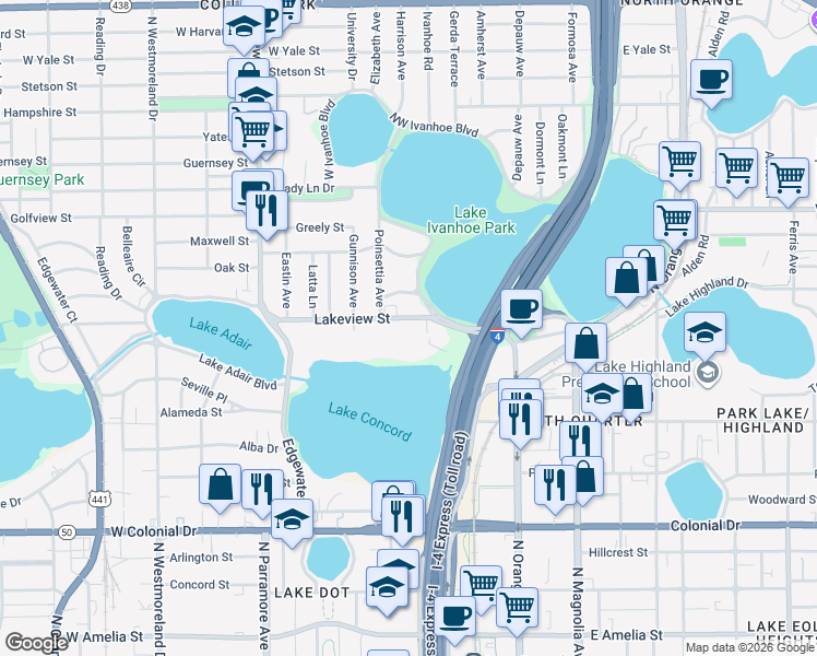 map of restaurants, bars, coffee shops, grocery stores, and more near 396 Lakeview Street in Orlando